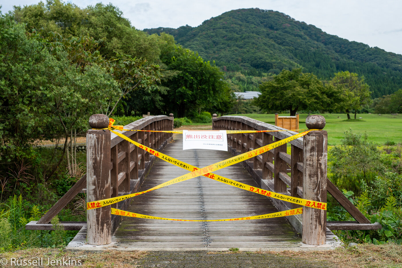 The bridge to the parkland area along the river.